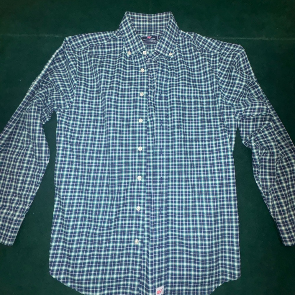 Vineyard Vines Navy and Green Plaid Shirt